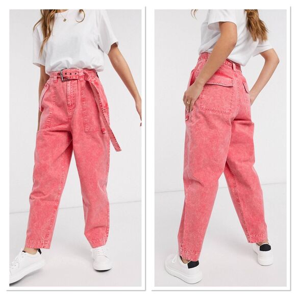 ASOS Design Balloon Leg Worker Pant Retro Belted Coral Acid Wash Jeans Size 6 - Picture 2 of 10
